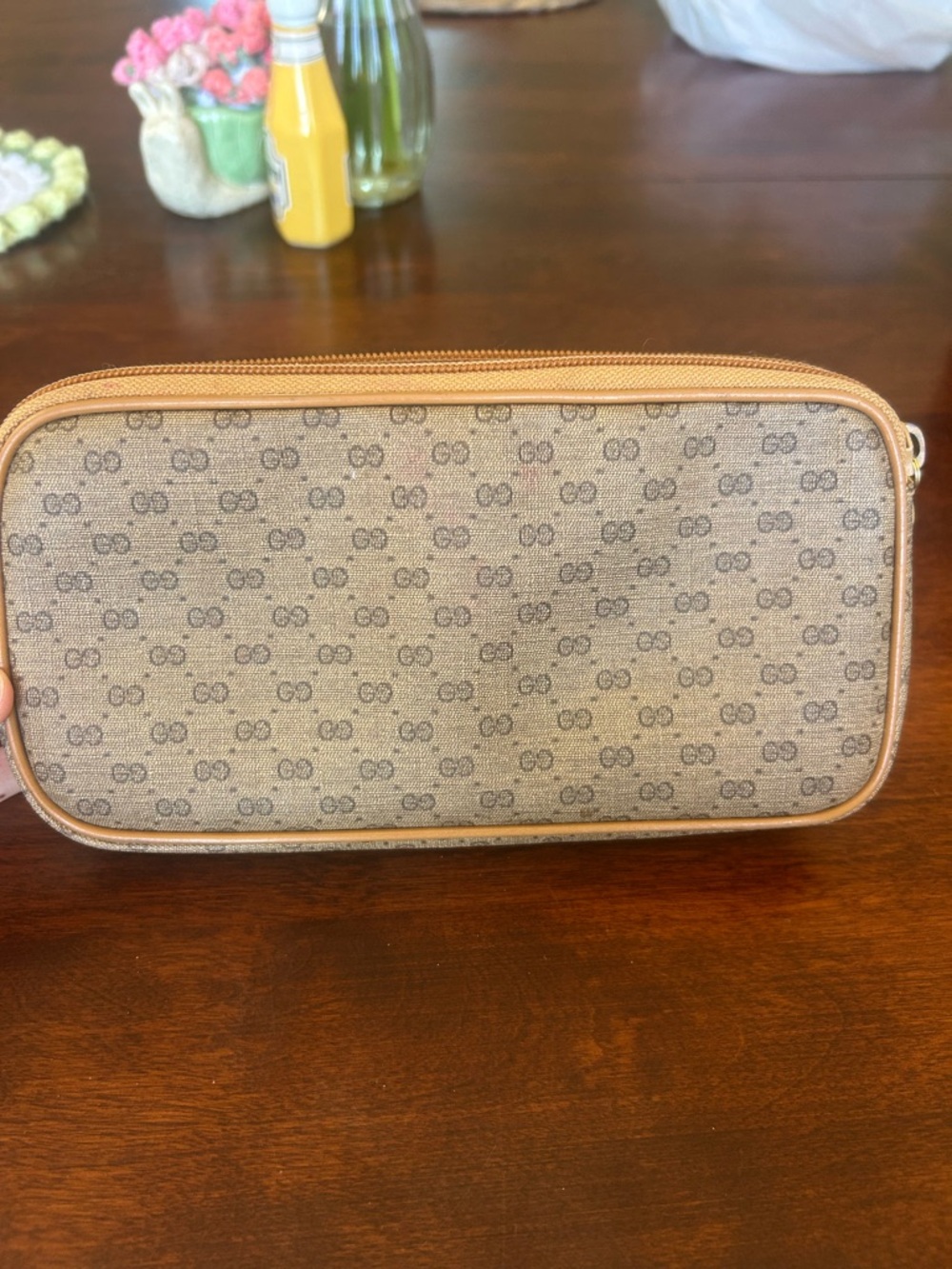 Vintage Gucci Beige Monogram Micro Canvas Zip Cosmetic Pouch with Tan Trim